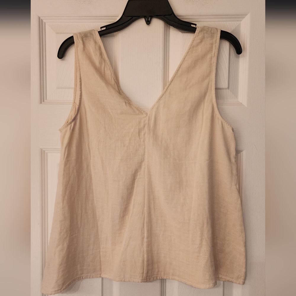 CALME By Johnny Was V-Neck Drape Cotton Lightweight Tank In Ecru - Picture 4 of 9